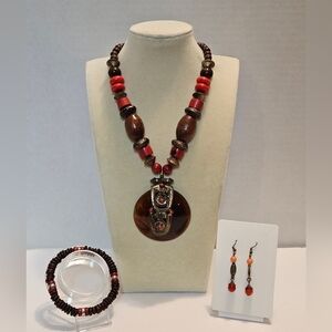 Brown and Red Wooden Bead Necklace Set